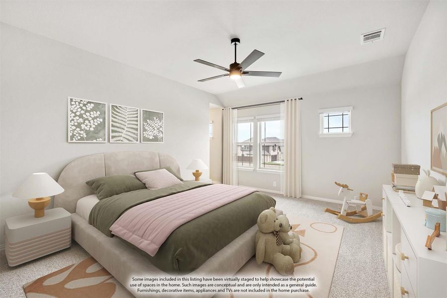 Bedroom with vaulted ceiling, ceiling fan, carpet flooring, and large windows with white curtains