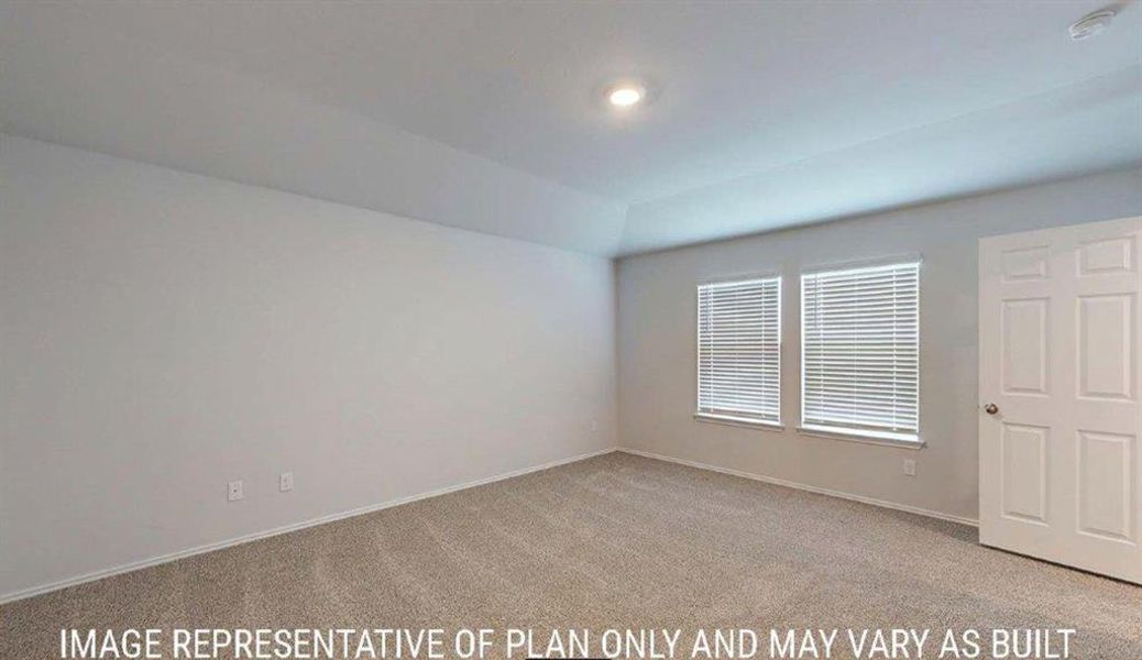 Spacious room featuring neutral carpeting, light-colored walls, two windows with blinds, a white paneled door, and recessed lighting