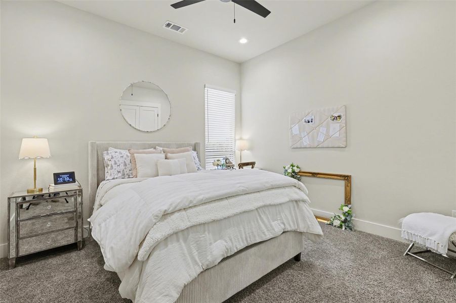 Bedroom #3 with carpet, a ceiling fan, and recessed lighting