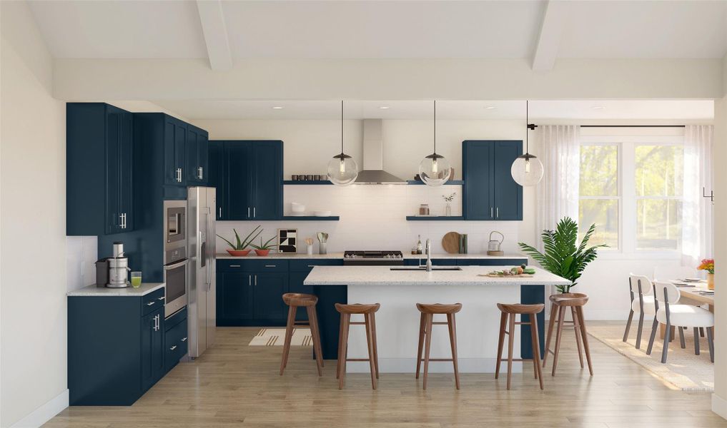 Gourmet kitchen with blue cabinets and quartz countertops (*Artist rendering used for illustration purposes only.) Gourmet kitchen with blue cabinets and quartz countertops (*Artist rendering used for illustration purposes only.)
