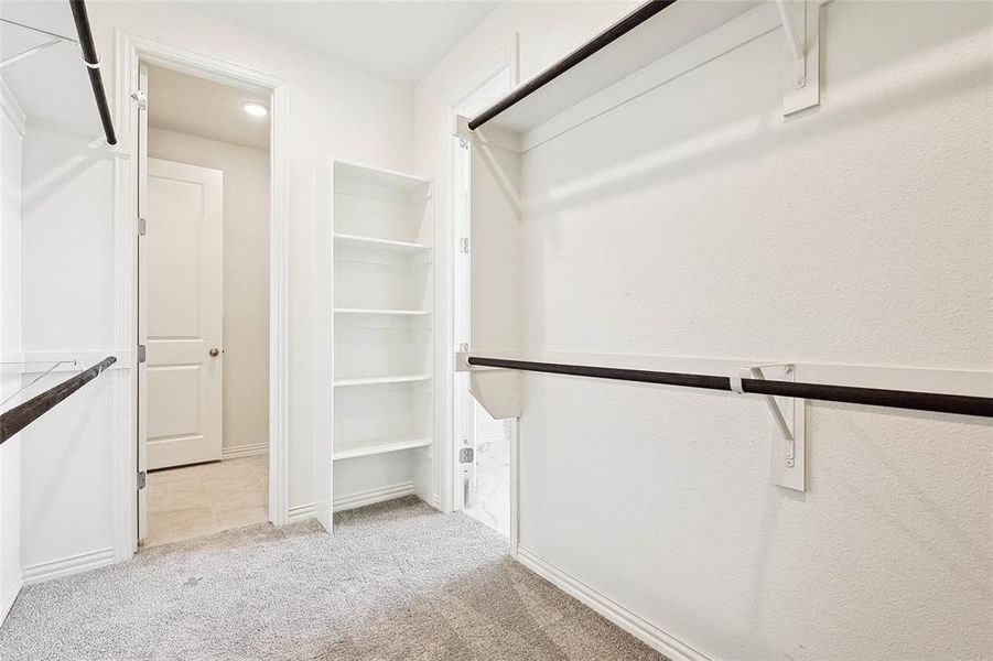 Walk in closet featuring light carpet