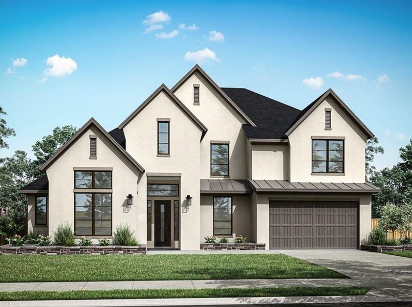 Front exterior of a new home in Harvest Green, Richmond, TX, highlighting curb appeal (Image 1). Front exterior of a new home in Harvest Green, Richmond, TX, highlighting curb appeal (Image 1).