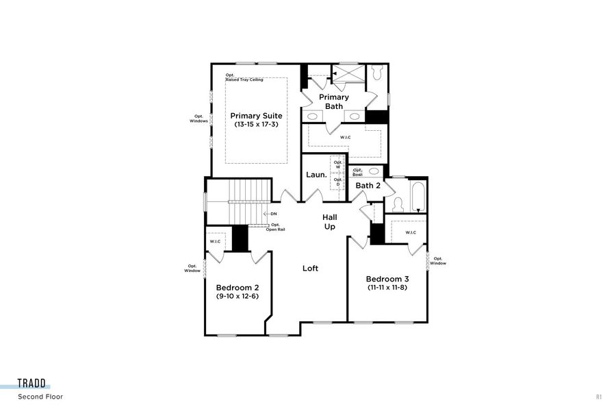 2D floor plan layout for the Tradd by DRB Homes in Midtown at Nexton, Summerville, SC (Image 16).