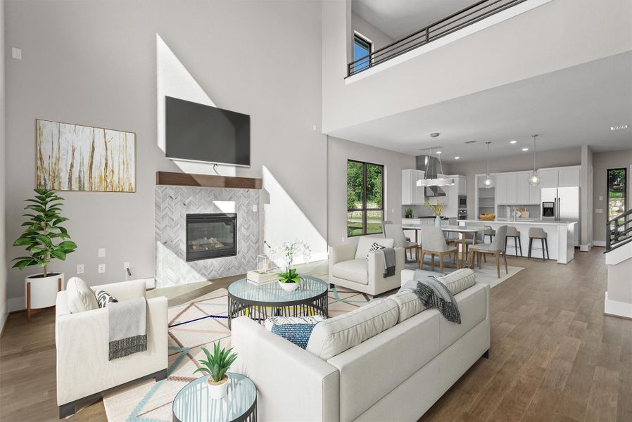 A spacious great room offers high ceilings, a chic fireplace, and an open layout to the contemporary kitchen. A spacious great room offers high ceilings, a chic fireplace, and an open layout to the contemporary kitchen.