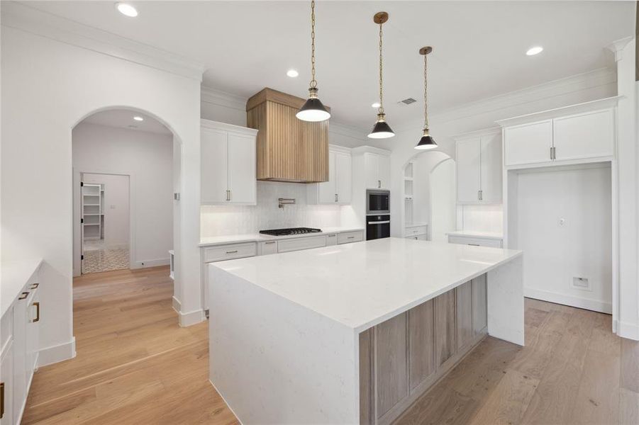 Kitchen featuring light wood-type flooring, white cabinetry, a large island, and appliances with stainless steel finishes