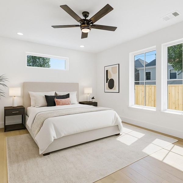 This first-floor secondary bedroom offers comfort and versatility with wide-plank European white oak flooring, high ceilings, and oversized double-pane windows that bathe the space in natural light. Virtually staged to illustrate scale and livability, it’s ideal for use as a guest suite, private retreat, or multi-generational space. This first-floor secondary bedroom offers comfort and versatility with wide-plank European white oak flooring, high ceilings, and oversized double-pane windows that bathe the space in natural light. Virtually staged to illustrate scale and livability, it’s ideal for use as a guest suite, private retreat, or multi-generational space.