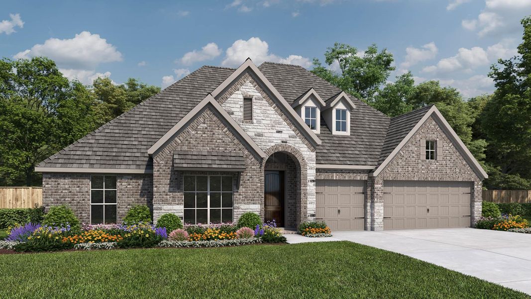 Front exterior of a new home in Valencia, Manvel, TX, highlighting curb appeal (Image 1). Front exterior of a new home in Valencia, Manvel, TX, highlighting curb appeal (Image 1).