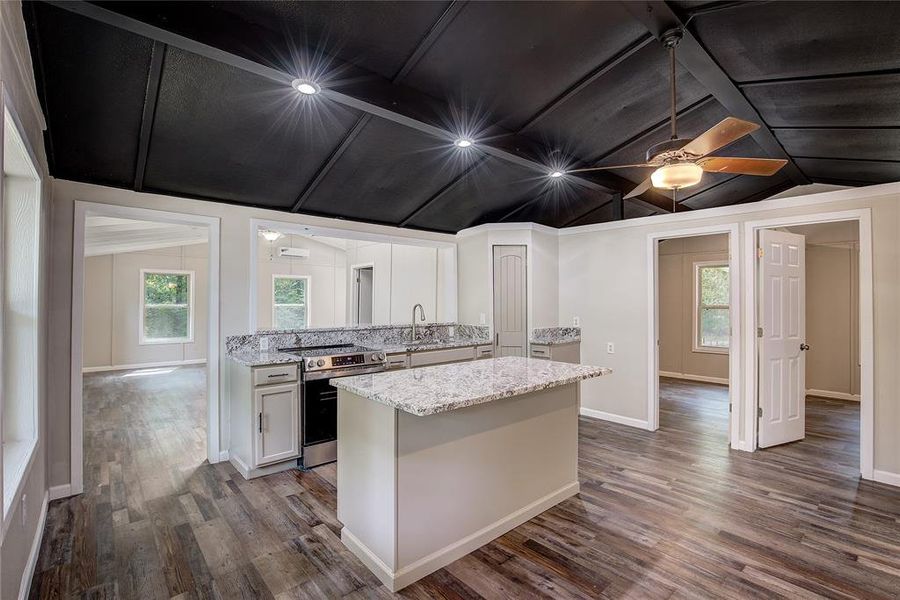 Kitchen with dark wood-type flooring, white cabinetry, light stone countertops, stainless steel electric range oven, and vaulted ceiling