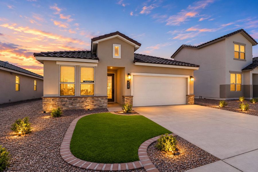 Front exterior of a new home in Paseos Del Este, El Paso, TX, highlighting curb appeal (Image 27).