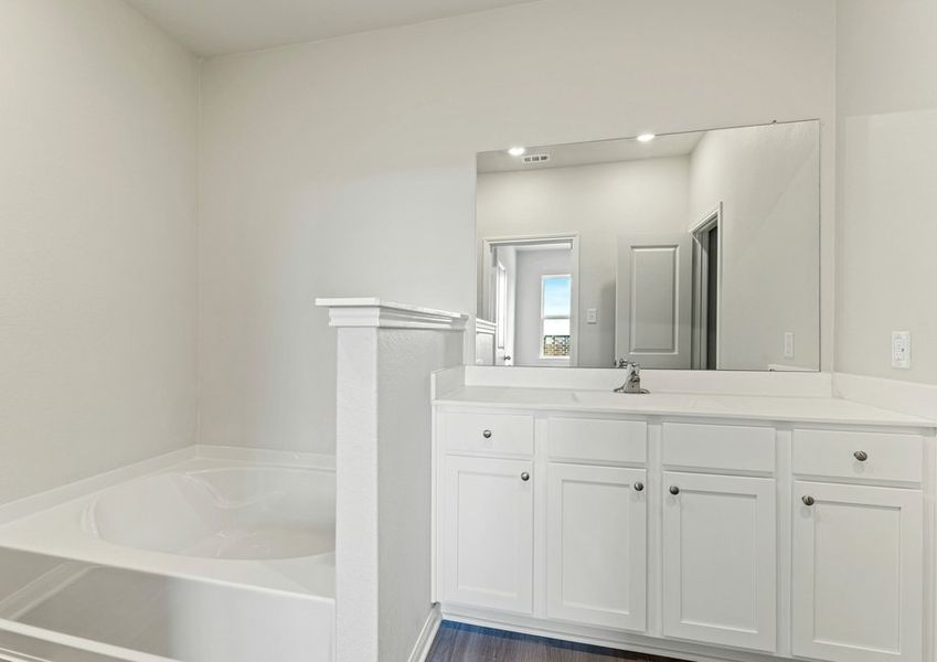 Tub and vanity with a mirror in the master bathroom Tub and vanity with a mirror in the master bathroom