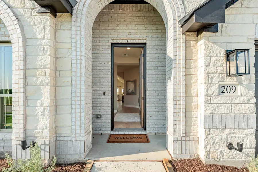 Front entry of home with arched brick surround, open black door, welcome mat, and house number 209.