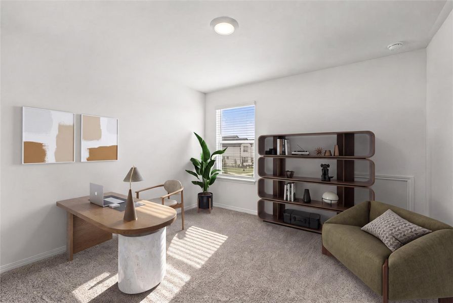 A well-lit study with neutral walls and carpet, offering a focused and quiet workspace. Some elements digitally staged.