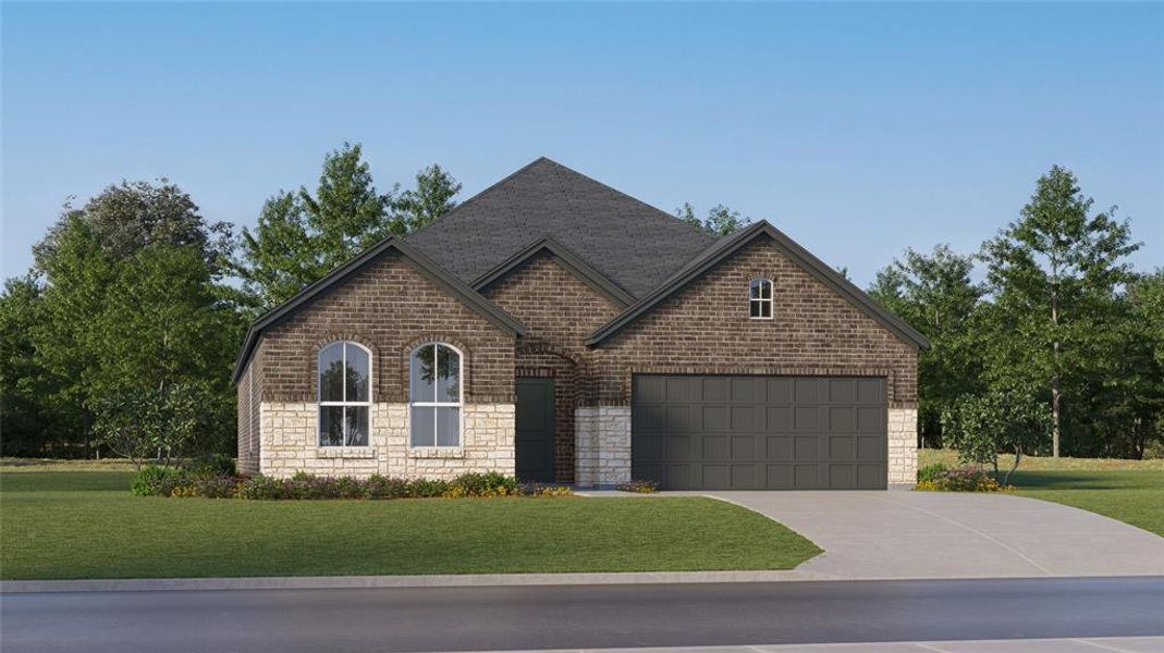 View of front of home with stone siding, a front lawn, brick siding, driveway, and an attached garage View of front of home with stone siding, a front lawn, brick siding, driveway, and an attached garage
