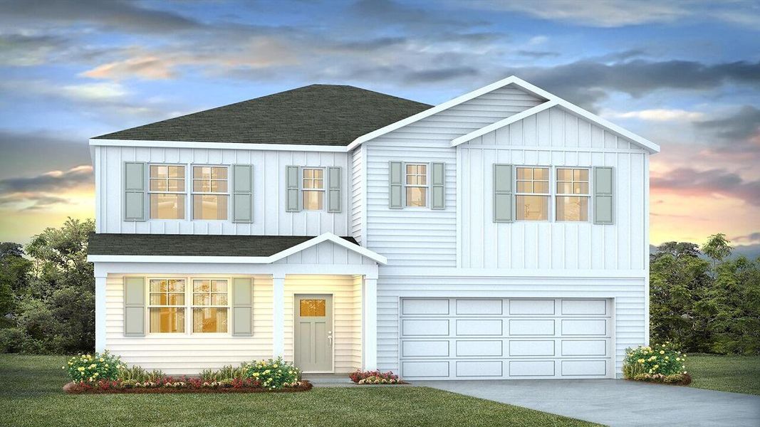 Front exterior of a new home in Pine Hills at Cane Bay, Moncks Corner, SC, highlighting curb appeal (Image 1).