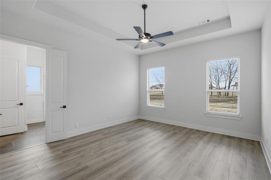 Empty room featuring a raised ceiling, light wood-type flooring, and a ceiling fan