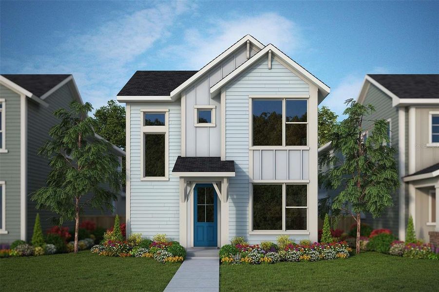 Front exterior of a new home in Weslyn Park in Sunbridge 34', St. Cloud, FL, highlighting curb appeal (Image 1). Front exterior of a new home in Weslyn Park in Sunbridge 34', St. Cloud, FL, highlighting curb appeal (Image 1).