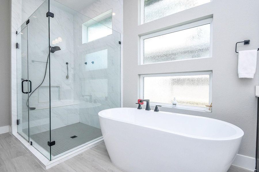 Frameless hinged door shower and a soaking tub Frameless hinged door shower and a soaking tub