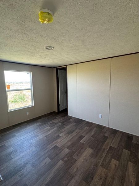 Sunlight streams through a large window, highlighting the wood-look flooring and textured ceiling.
