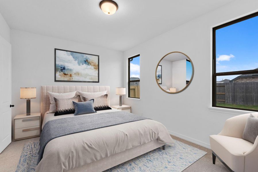 Luxurious primary suite with plush carpet, tray ceilings, and large windows—your perfect place to unwind and relax.