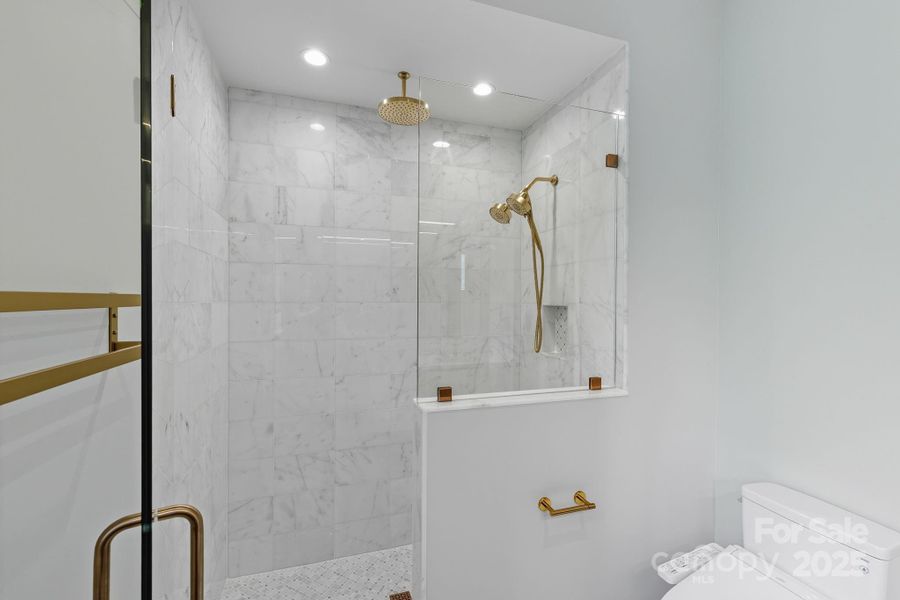 Walk-in Shower with Custom Marble Tile and Rainhead Shower Walk-in Shower with Custom Marble Tile and Rainhead Shower