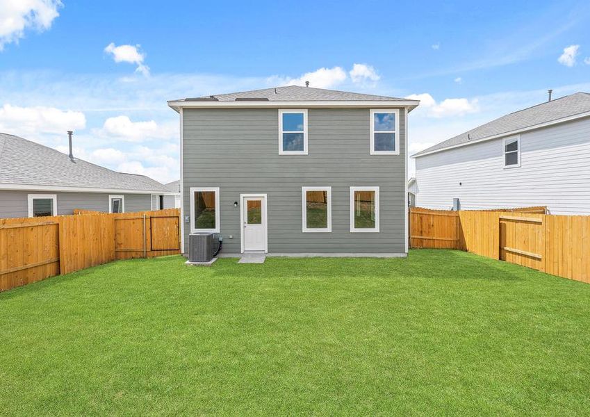 The back yard of the Juniper plan is fully fenced-in.