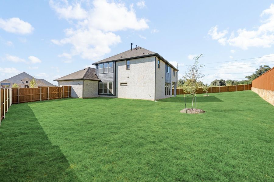 Backyard of two-story brick home with large green lawn, young tree, and wood privacy fence