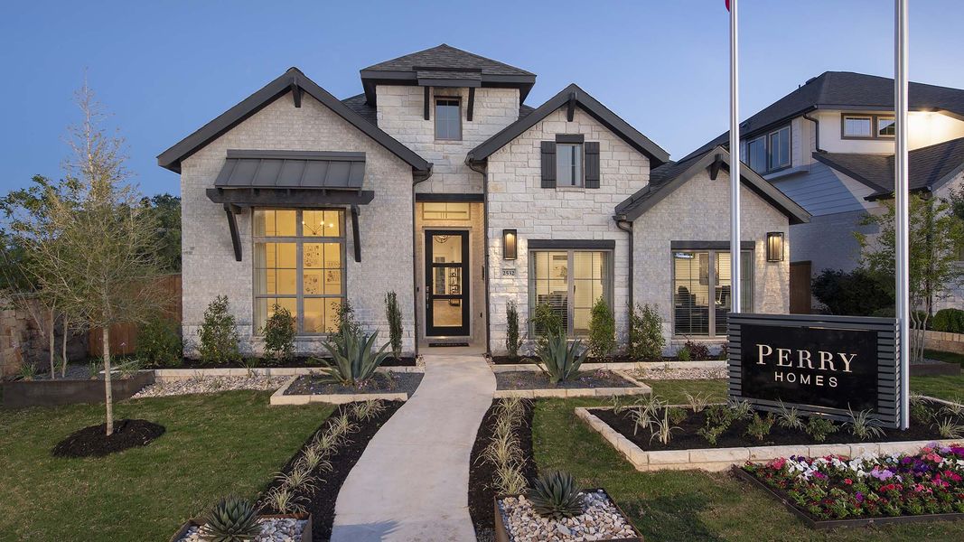 Front exterior of a new home in Meadows of Mill Creek, Seguin, TX, highlighting curb appeal (Image 25).