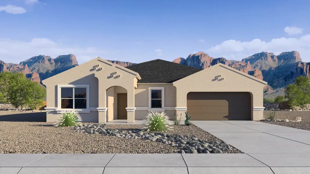Front exterior of a new home in Carlton Commons, Casa Grande, AZ, highlighting curb appeal (Image 1). Front exterior of a new home in Carlton Commons, Casa Grande, AZ, highlighting curb appeal (Image 1).