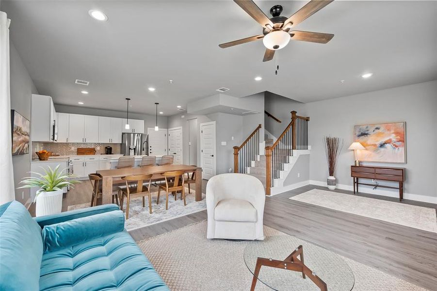 View from living room of dining area and kitchen