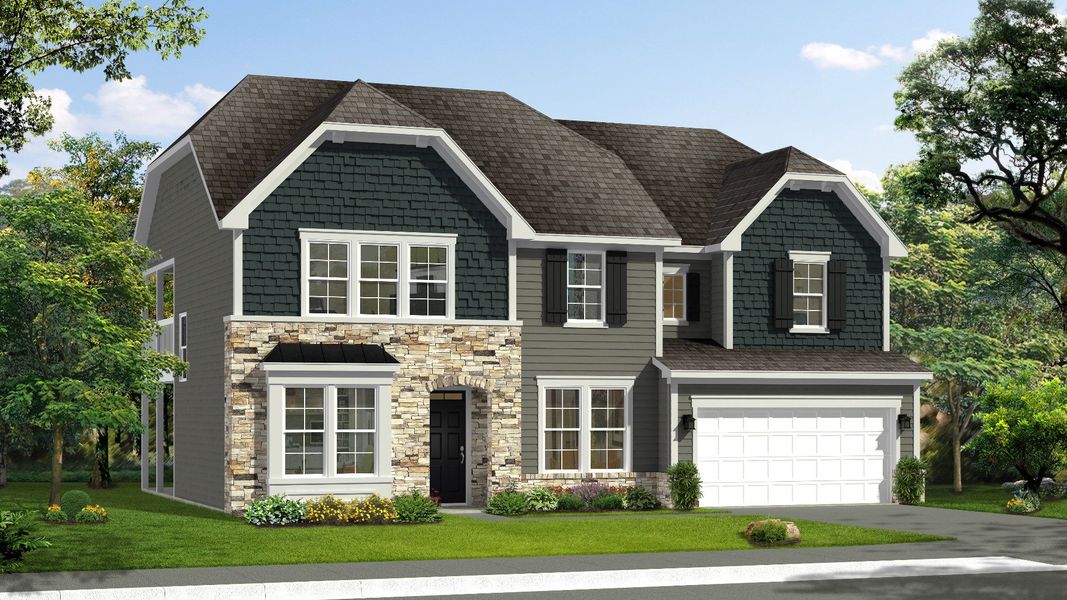 Representative exterior photo of a completed home built from the Stonefield by DRB Homes in Michaux Gardens, Belmont, NC (Image 3). Representative exterior photo of a completed home built from the Stonefield by DRB Homes in Michaux Gardens, Belmont, NC (Image 3).