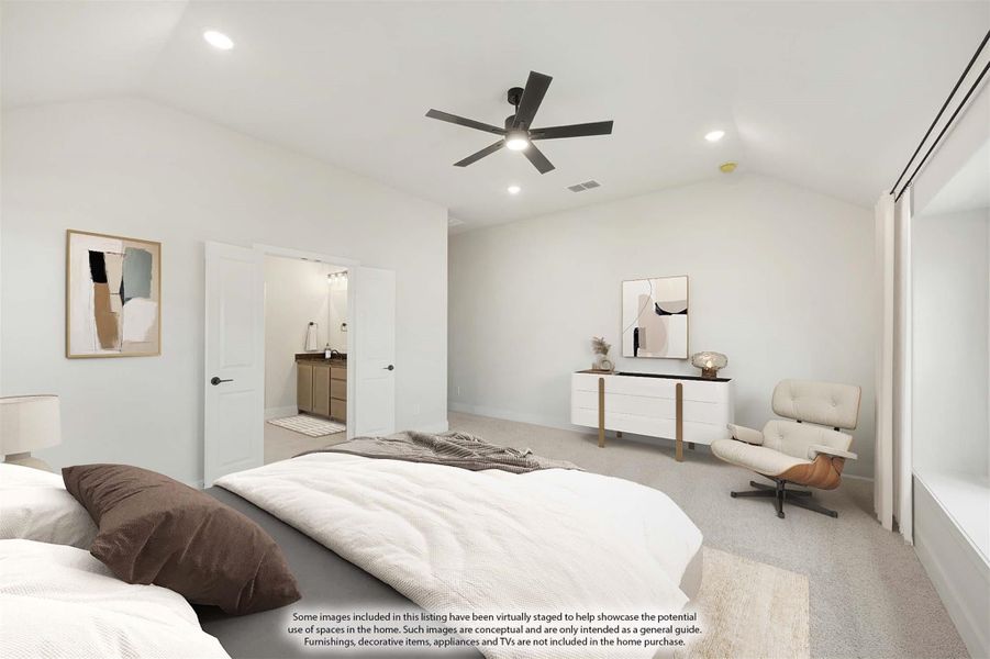 Spacious master bedroom with ceiling fan, carpet flooring, and open ensuite bathroom doorway