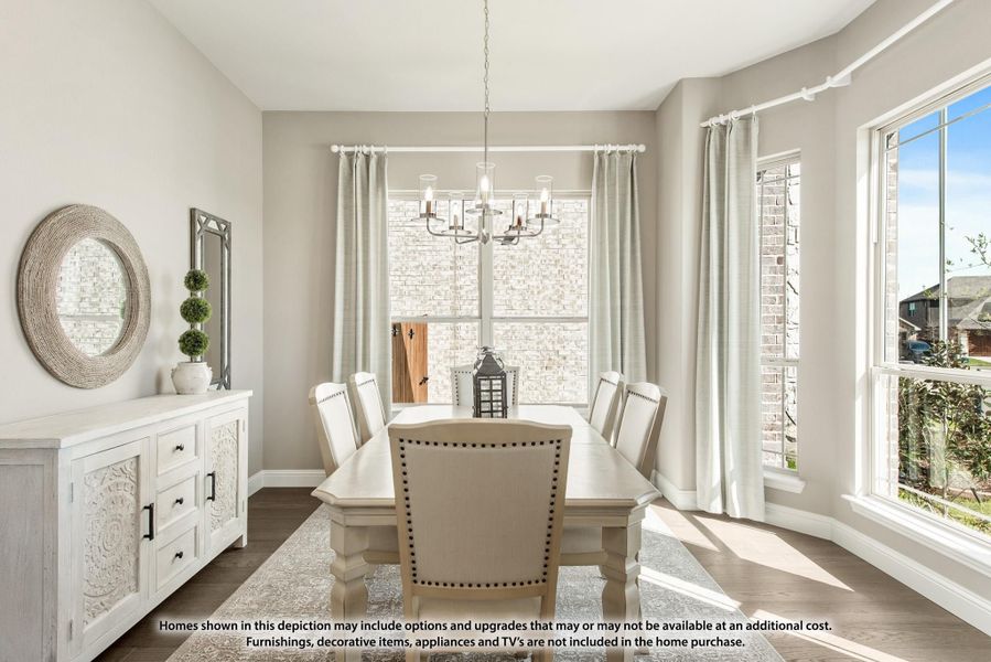 Dining room with white rectangular table, upholstered chairs, chandelier, and large windows with gray curtains Dining room with white rectangular table, upholstered chairs, chandelier, and large windows with gray curtains