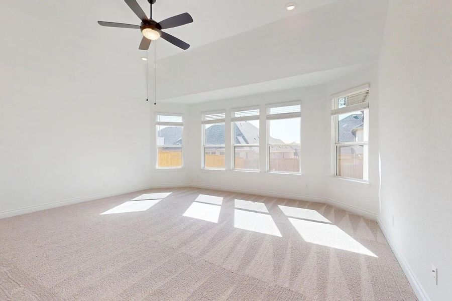 This bright room features carpeted flooring, a ceiling fan, and a series of windows that provide natural light
