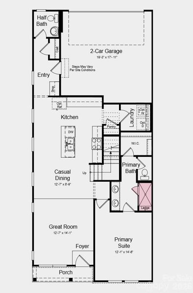 First Floor Plan - Additional Highlights Include: a shower with a ledge in the primary bathroom, a study in place of a flex room, and a slide-in gas oven range