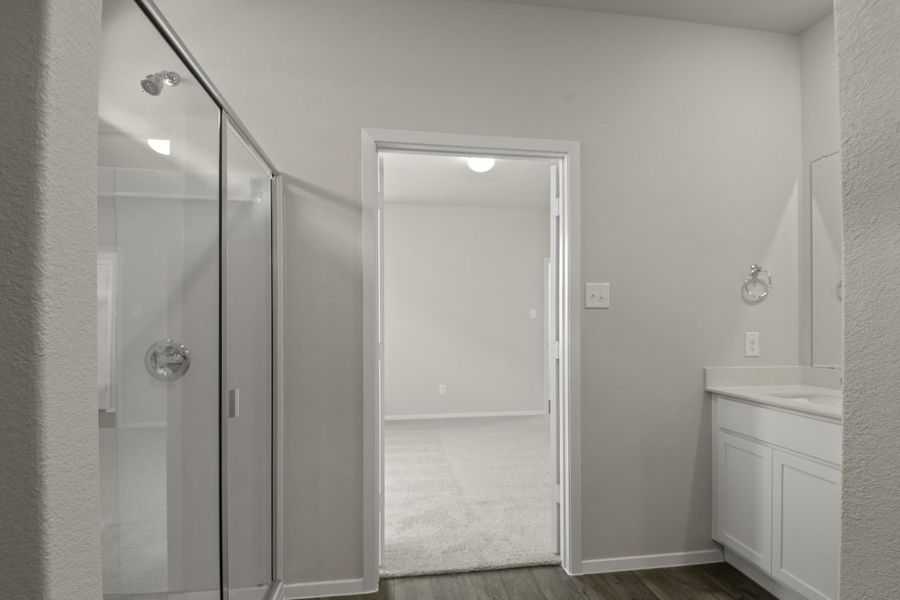 Image of home primary bathroom looking into primary bedroom. Walk-in shower on one side and white vanity on the other