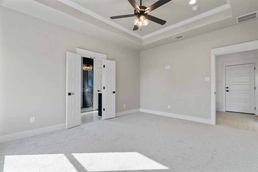 Spare room with a tray ceiling, crown molding, light colored carpet, and a ceiling fan