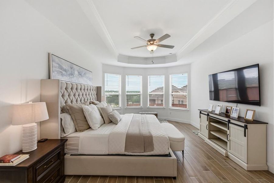 Primary bedroom features a tray ceiling with a ceiling fan, bay windows with Hill Country Views