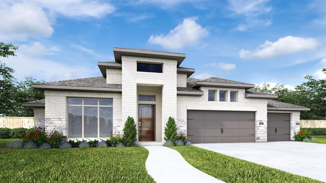 Front exterior of a new home in Santa Rita Ranch - Eldorado, Liberty Hill, TX, highlighting curb appeal (Image 1). Front exterior of a new home in Santa Rita Ranch - Eldorado, Liberty Hill, TX, highlighting curb appeal (Image 1).