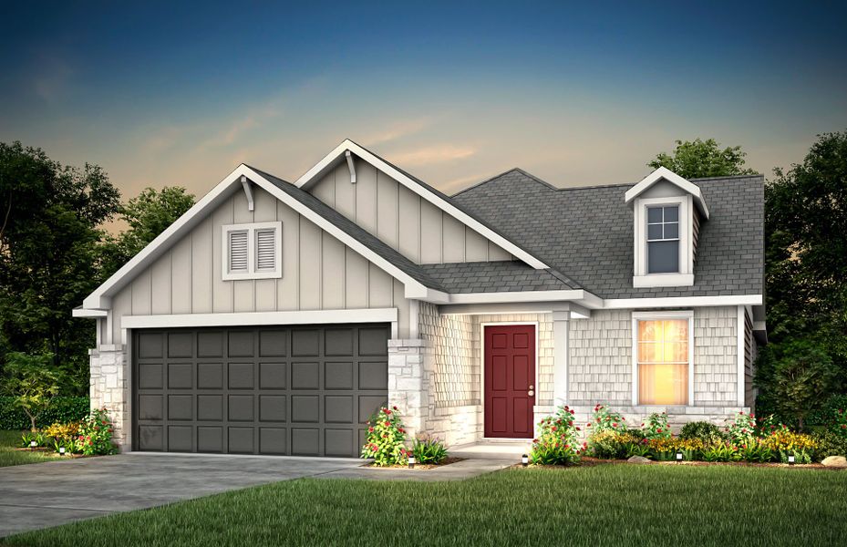 Front exterior of a new home in Corley Farms, Boerne, TX, highlighting curb appeal (Image 1). Front exterior of a new home in Corley Farms, Boerne, TX, highlighting curb appeal (Image 1).