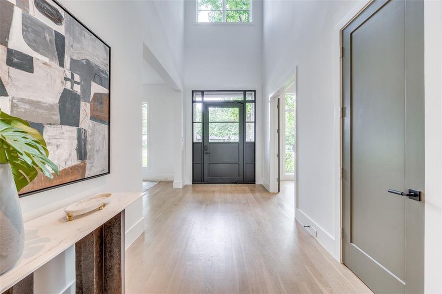 Foyer featuring light hardwood / wood-style floors and a high ceiling