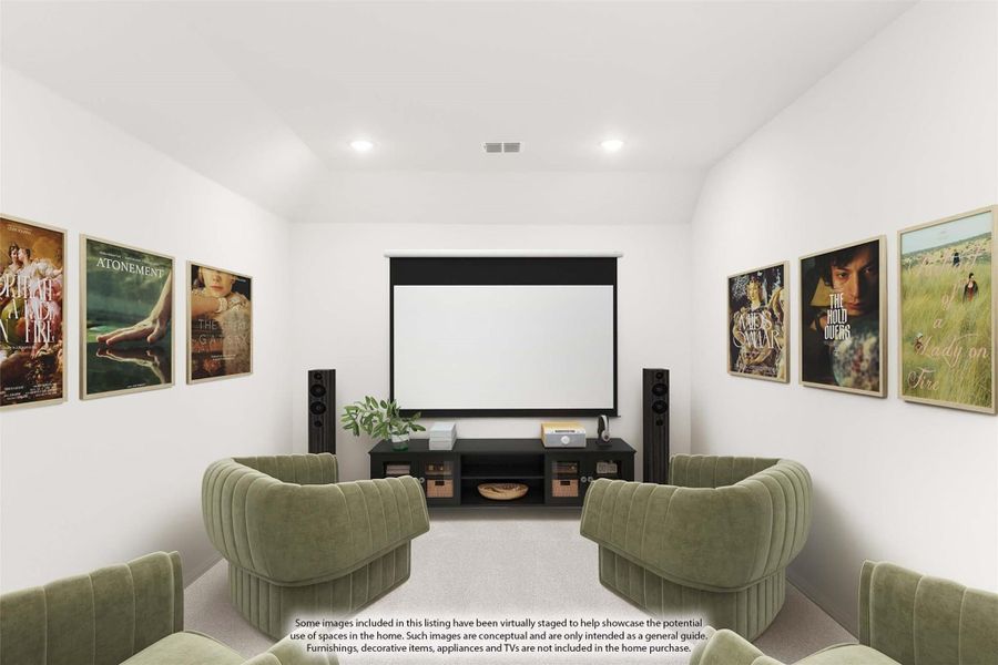 Home theater room with projection screen, green velvet seating, and movie posters on white walls Home theater room with projection screen, green velvet seating, and movie posters on white walls