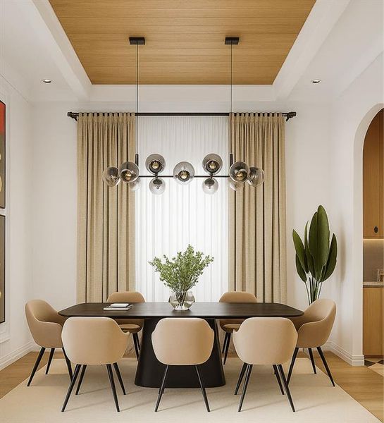Dining area with light wood-type flooring, arched walkways, wood ceiling, a raised ceiling, and recessed lighting Dining area with light wood-type flooring, arched walkways, wood ceiling, a raised ceiling, and recessed lighting