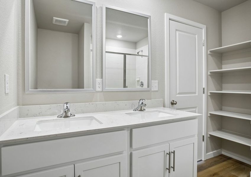 The master bathroom has a large vanity and step in shower.