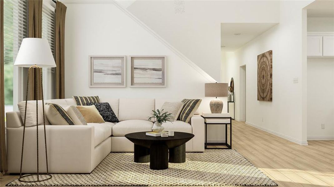 Living room with light hardwood / wood-style floors