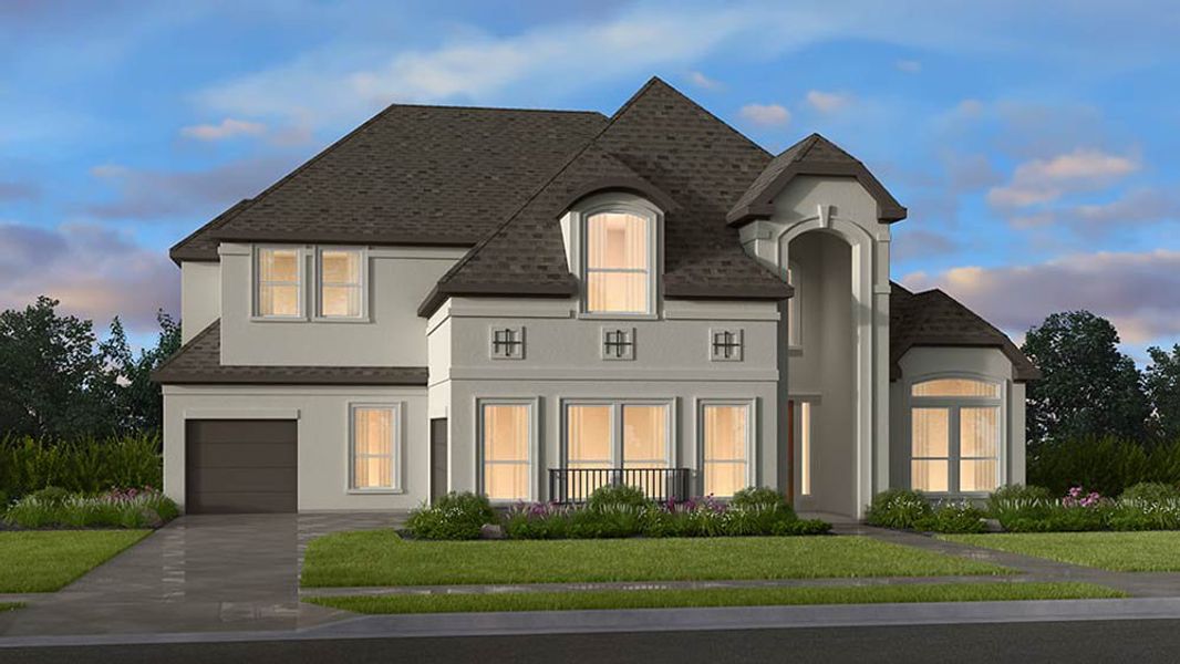Front exterior of a new home in Travisso, Leander, TX, highlighting curb appeal (Image 1). Front exterior of a new home in Travisso, Leander, TX, highlighting curb appeal (Image 1).