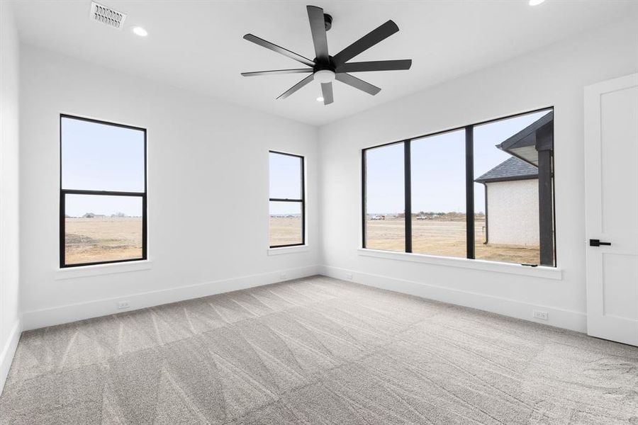 Carpeted master room featuring ceiling fan