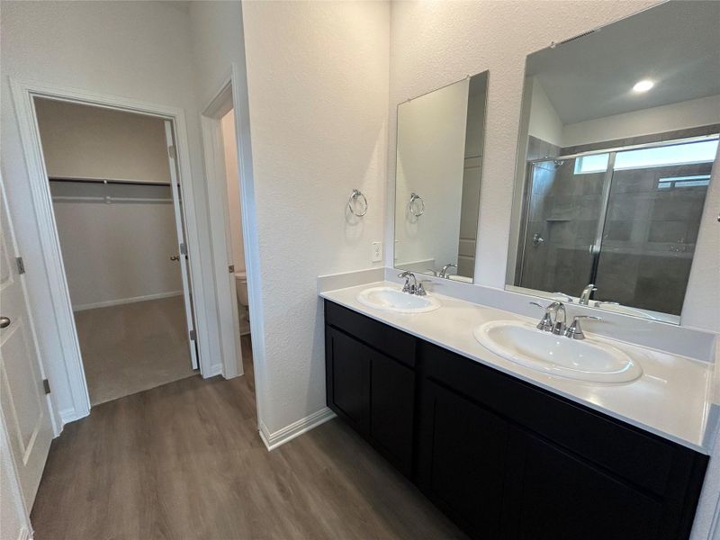 Bathroom featuring a stall shower, wood finished floors, double vanity, a walk in closet, and a textured wall Bathroom featuring a stall shower, wood finished floors, double vanity, a walk in closet, and a textured wall