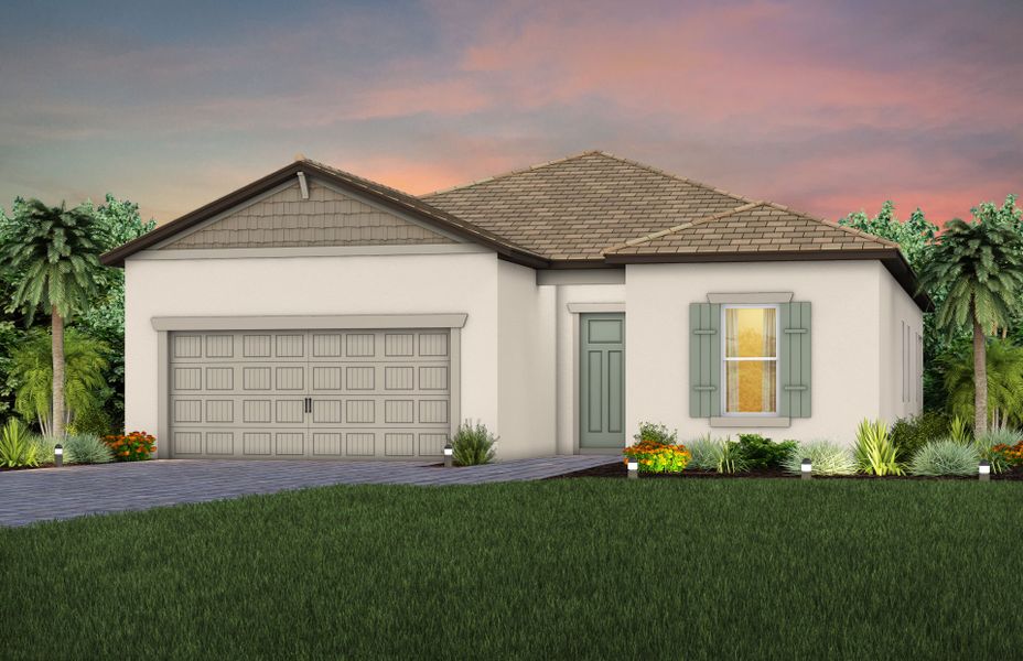 Representative exterior photo of a completed home built from the Mystique by Del Webb in Del Webb Explore North River Ranch, Parrish, FL (Image 22). Representative exterior photo of a completed home built from the Mystique by Del Webb in Del Webb Explore North River Ranch, Parrish, FL (Image 22).