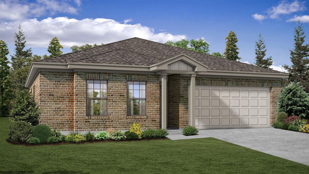 Front exterior of a new home in Village at Manor Commons, Manor, TX, highlighting curb appeal (Image 18).