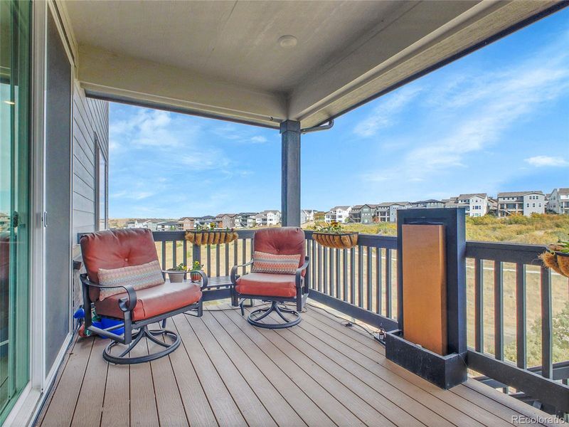 Exterior details and patio area of a home in Wild Oak at The Canyons, Castle Pines (Image 1). Exterior details and patio area of a home in Wild Oak at The Canyons, Castle Pines (Image 1).